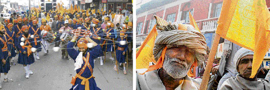 Young boys give a display of Sikh martial art (gatka) on the occasion of Sardar Udham Singhs birth anniversary and (right) an old man takes part in a sobha yatra taken out on the occasion in Karnal on Tuesday.