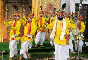 Haryanvi artiste Mahabir Guddu and his troupe perform bam lehri at a cultural programme organised in Dabra village in Hisar district.