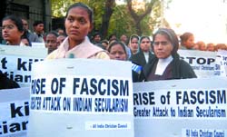 Christians protest against the ongoing assault on their community in Orissa in front of Orissa Bhawan in the Capital on Thursday. 