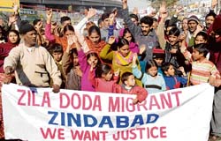 Doda migrants stage a protest in Jammu on Thursday.