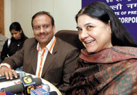 Menaka Gandhi, former union minister with Vijender Kumar Gupta, chairman of standing committee, MCD, at a joint press conference at Town Hall in the Capital on Friday.