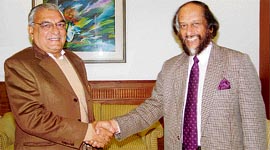 Rajendra Kumar Pachauri (right), who headed a panel on climate changes that was awarded the Nobel prize, calls on Chief Minister Bhupinder Singh Hooda in Chandigarh on Friday.