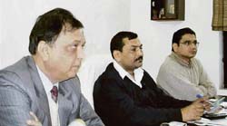 Mohinder Gupta, president, Furnace Association, Mandi Gobindgarh, along with senior vice-president Raj Bansal and treasurer Gopal Singhi addresses mediapersons in Mandi Gobindgarh on Saturday.
