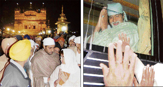 (Left) Abhishek Bachchan, along with wife Aishwarya Rai and other relatives, after paying obeisance at the Golden Temple in Amritsar in the wee hours of Saturday morning; and (right) Amitabh Bachchan accepts wishes of his fans with folded hands while seated in a bus.