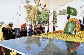 Senior Army officers salute to martyr Capt Navpal Singh Sidhu on the Fifth Balidan Diwas function at his memorial at his village 40 RB, 9 km from Padampur, on Sunday.