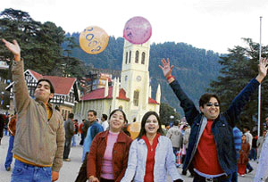 Tourists ushers in New Year-2008 at The Ridge in Shimla on Monday.