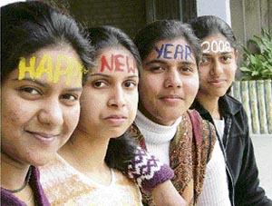 Students of Guru Nanak Girls College, Yamunanagar, usher in the New Year in their style on Monday.