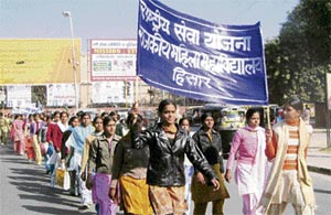 NSS volunteers of the Government College for Women, Hisar, hold a procession against female foeticide in Hisar on Monday.