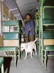 A sniffer dog carries out a search in the Samjhauta Express at Attari railway station on Monday.