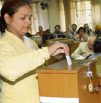 Congress councillor Kamlesh while putting her vote slip in the ballot box. Incidentally, the lock of the ballot box is seen open in the picture, pointing to carelessness of officials.