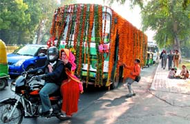 For a change, decorated Blueline buses plied on New Year day in the Capital 