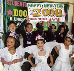 Children of Doon Vatika School celebrate New Year in Karnal on Tuesday.