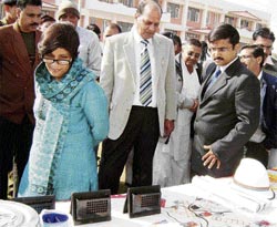 Civil Judge (Senior Division) Anita Dahiya looks at the exhibits during a traffic exhibition at the Police Lines in Fatehabad on Tuesday.