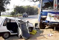The Maruti car which hit a stationary truck, killing two youths near Hedon village on Tuesday.