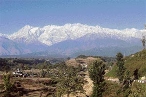 Snowclad Dhauladhars overlooking lush green Kangra valley on a sunny Wednesday.