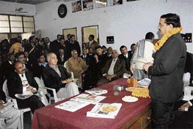 Newly elected member of the Punjab and Haryana Bar Council Vijender Ahlawat addresses lawyers at a function organised by the District Bar Association in Rohtak