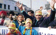 Members of the youth wing of the All-India Kashmiri Samaj protesting outside the civil secretariat in Jammu on Wednesday.  