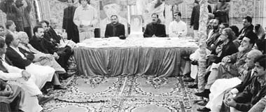 Asif Ali Zardari (C-L), the husband of slain former Pakistani premier Benazir Bhutto, presides over a PPP Central executive committee meeting, at the Bhutto residence in Naudero