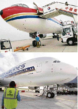 In this file combo picture, a Singapore Airlines' Airbus A380 passenger jet (bottom) in France and a China Eastern Airlines aircraft (top) at Shanghai Pudong International Airport are seen.