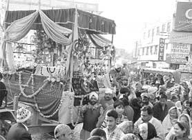 A nagar kirtan being taken out to mark the birth anniversary of 10th Sikh Guru Gobind Singh in Ambala on Thursday. 