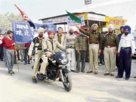 SP (D) Pritam Singh flags off a march on road safety in Jagraon on Thursday.