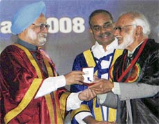 Prime Minister Manmohan Singh presents the gold medal to Prof M.G.K. Menon at the inaugural function of the 95th Indian Science Congress at Vishakhapattanam on Thursday.