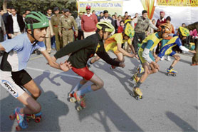 Children participate in the 21st district roller skating championship in Karnal on Friday. 