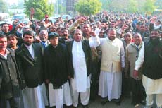 Members of the community protest in front of the secretariat in Jalandhar. 