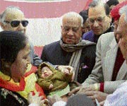 Health minister Mangat Ram Sharma during awareness programme on Hepatitis B at the Gandhi Nagar Hospital in Jammu on Friday.