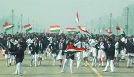 Schoolchildren during rehearsal at Rajpath, ahead of the Republic Day, in the Capital on Saturday.