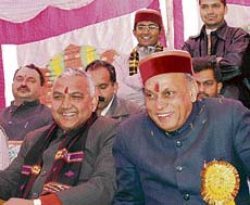 Chief Minister Prem Kumar Dhumal at a meeting in Kallar on Saturday. 