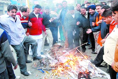 BJP activists burnt an effigy of SAD (Amrtisar) chief Simranjeet Singh Mann in Jalandhar on Saturday.