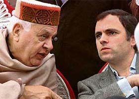 Former chief minister Farooq Abdullah along with his son and NC president Omar Abdullah during a public rally at Bishnah, near Jammu
