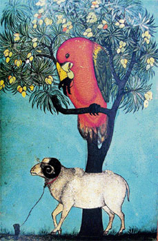 A parrot perched on a mango tree, a ram tethered below. Deccani painting; Golconda, ca. 1685. Jagdish and Kamla Mittal Museum of Indian Art, Hyderabad.