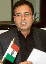 Haryana power minister Randeep Singh Surjewala addresses a press conference at Haryana Niwas in Chandigarh on Saturday.