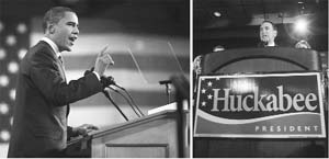 Left: Democratic presidential candidate U.S. Senator Barack Obama delivers victory speech after winning the Iowa caucus in Des Moines, Iowa. Right: Former Arkansas Governor Mike Huckabee celebrates his victory in the 2008 Republican Iowa caucus at a rally in Des Moines, Iowa.