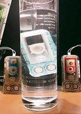 The Atlantic EGO Icebar 2 is displayed floating in water during a press event at the Venetian for the 2008 International Consumer Electronics Show in Las Vegas, Nevada, on Sunday. The product, which is currently available for $69, is a waterproof sound case for the iPod Nano. It floats and has waterproof speakers and membranes enabling customers to use their Nanos in the shower or in a pool.
