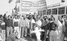 Anganwari workers burn the effigy of Punjab Chief Minister Parkash Singh Badal in Fatehgarh Sahib on Monday.