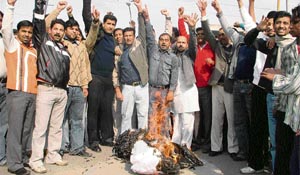 The agitated cricket fans burn an effigy of umpire Steve Bucknor.