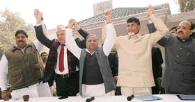 (From left): Indian National Lok Dal general secretary Ajay Chautala, National Conference patron Farooq Abdullah, Samajwadi Party chief Mulayam Singh Yadav, Telugu Desam Party chief Chandrababu Naidu and SP general secretary Amar Singh pose during a press conference of the United National Progressive Alliance in New Delhi