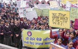 Braving rain and cold, hundreds of students hold a rally against female foeticide in Ludhiana on Tuesday