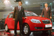 Skoda Auto board member of sales and marketing Thomas Kuhl (left) and chairman of board of directors Reinhard Jung with newly launched Fabia at the 9th Auto Expo in New Delhi