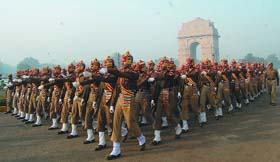 SSB jawans rehearse for the Republic Day parade at Raj Path in the Capital on Wednesday. 