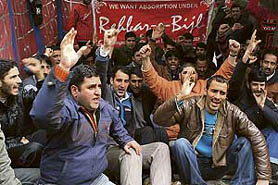 ITI electrician diploma holders, who have been protesting outside the office of the divisional commissioner, Jammu, for the past 281 days, demanding to be given government jobs.