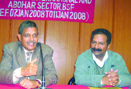 BSF DIG V.K. Sharma and NADA chairman Suneel Vatsyayan speaking at a workshop in Abohar on Thursday.