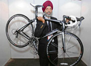 Shiv Inder Singh, managing director, Firefox Bikes, displays a Rs 1.68-lakh Lance Armstrongs Madone-5.2 at its launch in New Delhi on Thursday.