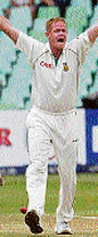 South Africas Shaun Pollock appeals successfully for the wicket of West Indies Runako Morton on the first day of the third Test in Durban on Thursday.
