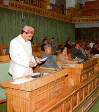 Khimi Ram addresses the Vidhan Sabha after his election as the Deputy Speaker at Dharamsala on Saturday.