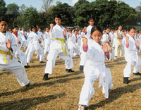 Girls being trained at a karate camp at Gupt Ganga in Kangra.