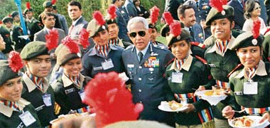 Chief of Air Staff Air Chief Marshal F.H. Major interacts with NCC cadets, attending the Republic Day camp, at his residence in New Delhi